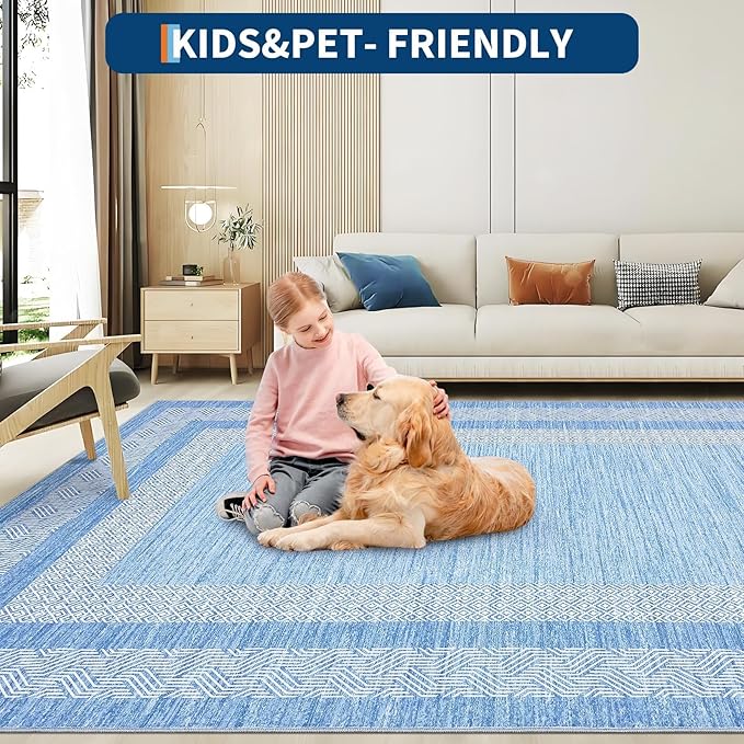 GarveeHome 9x12 Large Modern Light Blue Area Rug Distressed Bordered Soft Non Shedding Floor Carpet, Geometric Washable Non Slip Low Pile Indoor Area Rug for Living Room, Bedroom