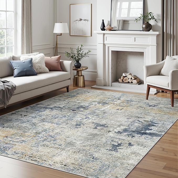 Soalmost 6x9 Abstract Area Rugs for Living Room 6 x 9 Washable Non Slip Low Pile Gray Rugs for Bedroom Dining Room Foldable Thin Blue Yellow