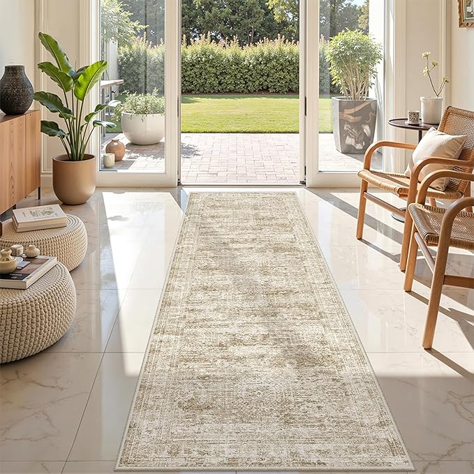2x7 Runner Rug Non Slip, Thin Entryway Washable Rug for Entryway, Runners for Hallways, Low Pile Vintage Abstract Soft Rugs for Living Room, Kitchen, Bedroom(2'x7', Brown/Ivory)