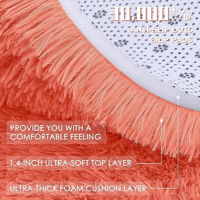 OLANLY 3x5 Machine Washable Small Bedside Rug, Soft Fluffy Shaggy Rugs for Living Room, Bedroom, Indoor Floor Carpet for Kids Girls and Boys, Preppy Dorms, Nursery, Home Decor Aesthetic, Coral Red