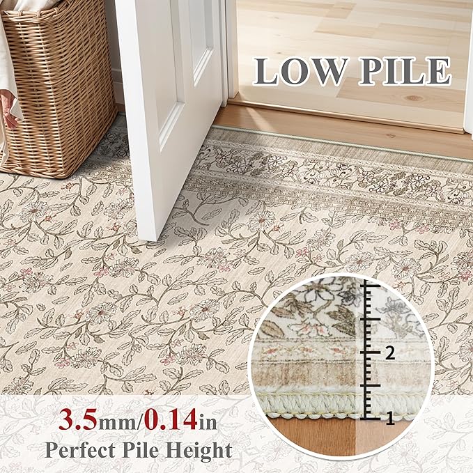 TOPRUUG 2x12 Washable Runner Rug - 12ft Runners for Hallway Non Slip Kitchen Rugs Soft Low Pile Carpet for Bedroom Bathroom Entryway - Stain Resistant Vintage Home Decor (Floral/Beige, 2X12)