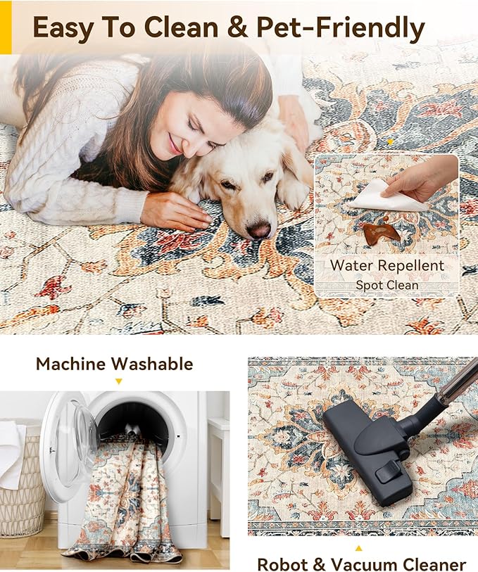 RELEANY Area Rugs 3'x12' Runner Rug Non Slip Washable for Kitchen Hallway Bedroom Beside Laundry Room Bathroom Rug, Floor Carpet, Beige Navy Blue Orange Colorful