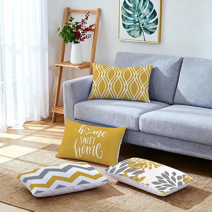 Hexagram Geometric Yellow Pillow Covers 12x20 Set of 4, Decorative Outdoor Boho Modern Throw Pillow Covers, Home Sweet Home Farmhouse Cushion Case for Couch Sofa Bedroom Indoor Decor(No Insert)