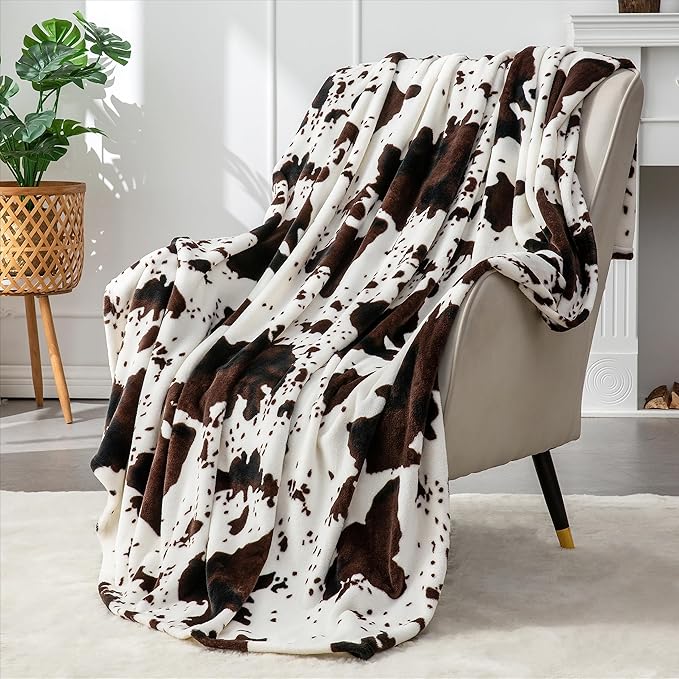 BEDELITE Cow Print Throw Blanket Twin Size for Couch & Bed, 300GSM Cute Plush Cozy Fuzzy Blanket 60x80 inches, Super Soft Warm Lightweight Throw Blanket for Travel Camping, Brown