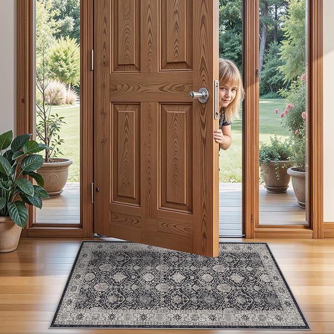 Entryway 2x4 Washable Area Rug: Oriental Stain Resistant Kitchen Runner Rugs Farmhouse Ultra Soft Bathroom Bedroom Print Floor Mat Thin Non Slip Indoor Carpet for Living Room Laudry Room(2x4,Black)