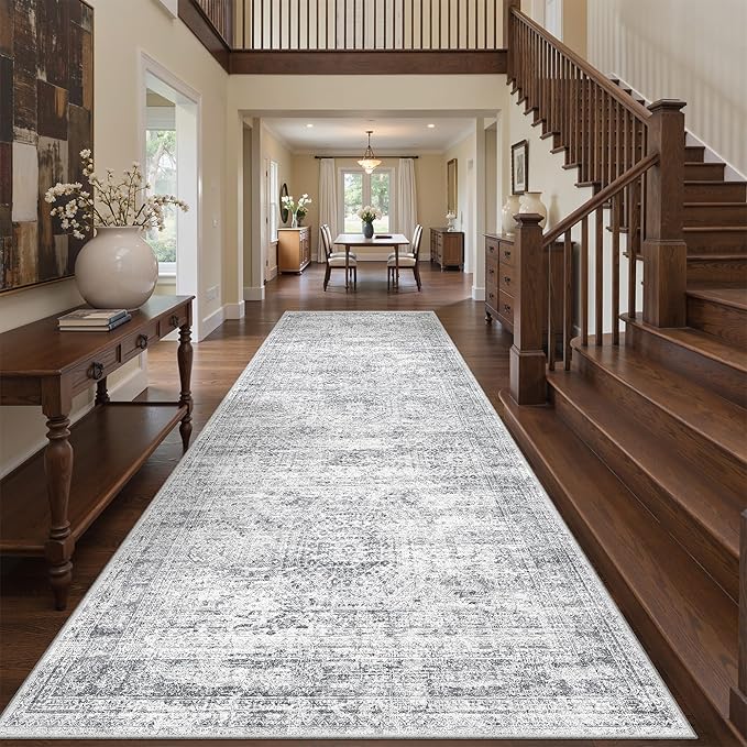 4x10 Runner Rug, Washable Hallway Runner Rug with Non-Slip Backing, Low Pile Wide Runner for Living Room, Entryway, Kitchen, Soft Modern Home Decor Mat for Dining Room(4'x10', Grey/Ivory)