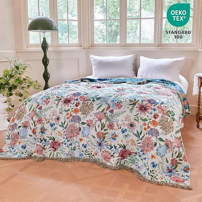 MSGKV Boho Throw Blanket 60"x80" Bed Floral 100% Cotton Blanket Spring Breathable Lightweight Farmhouse Twin Size Couch Blankets Home Decor Muslin Guaze All Seasons