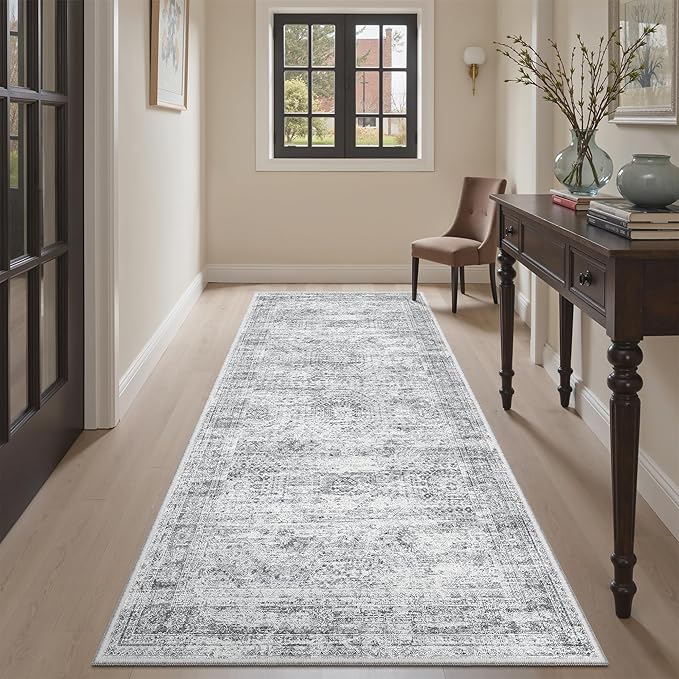 Runner Rug 3x6 Washable Non-Slip Kitchen Runner Rugs for Bathroom Laundry Room Grey Vintage Floor Carpet Runners for Hallway Entryway