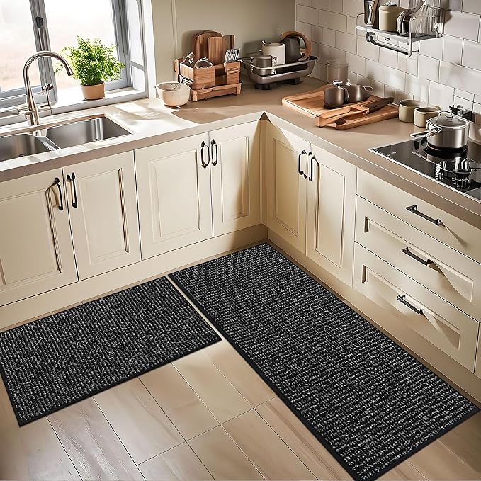 BEQHAUSE Kitchen Rugs and Mats 2PCS, Non-Slip Kitchen Mats for Floor, Absorbent and Stain Resistant Kitchen Runner, Machine Washable Rugs for Kitchen, Laundry & Sink, 24"x36"+24"x60", Black