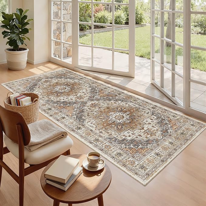 Madane Hallway Runner Rug 3x6 - Washable Kitchen Rugs Entryway Rug Runner Vintage Soft Floor Mat Non Slip Indoor Farmhouse Carpet for Bathroom Living Room Bedroom (3 X 6, Turmeric/Grey)