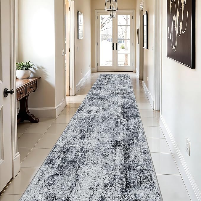 3x12 Washable Hallway Runner Rug: Non Slip Carpet Runners Easy-to-Clean - Soft Living Room Bedroom Kitchen Rugs - Thin Low Pile Printed Floor Mat for Dining Room Neutral Black Grey