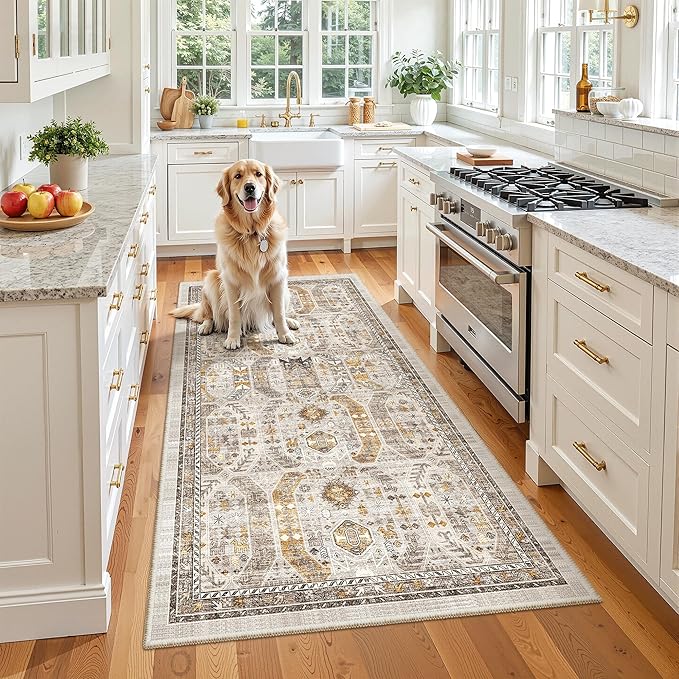 Madane Hallway Runner Rug 3x6 - Washable Kitchen Rugs Entryway Rug Runner Vintage Soft Floor Mat Non Slip Indoor Farmhouse Carpet for Bathroom Living Room Bedroom (3 X 6, Brown/Gold)