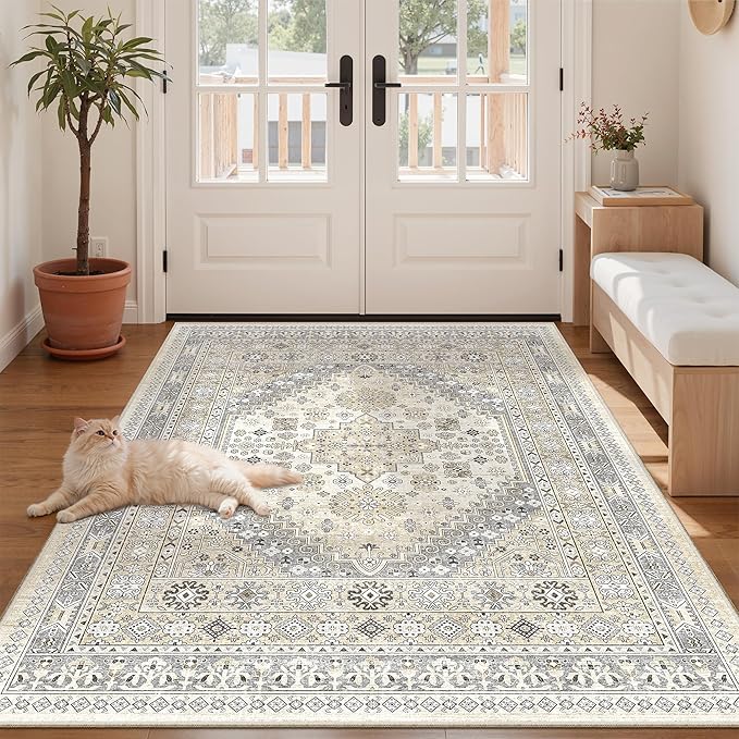 zesthome 4x6 Rug - Stain Resistant Washable Rug, Anti Slip Backing Rugs for Living Room, Foldable Vintage Small Area Rugs ((Beige,4'x6')