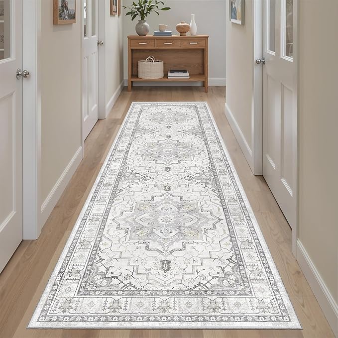 Madane Runner Rug 2'6''x8' Kitchen Runner, Hallway Runner Printed Vintage Rug 2.5x8ft Washable Rugs Soft Non-Slip Low Pile Runners for Hallways Laundry Room Rug, Grey