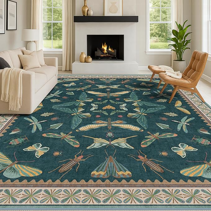 Insect Boho 7X9 Washable Living Room Rug - Bugs, Butterfly, Bees,Soft Area Rugs for Bedroom, Dining Room Under Table, Home Office with Butterfly Design, Stain Resistant Carpet (Green)