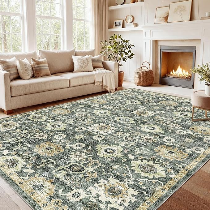 AMADA HOMEFURNISHING 9x12 Washable Area Rug, Low-Profile Large Area Rug with Non-Slip Backing & Durable Edge Binding, Vintage Large Rugs for Living Room, Bedroom & Dining Room