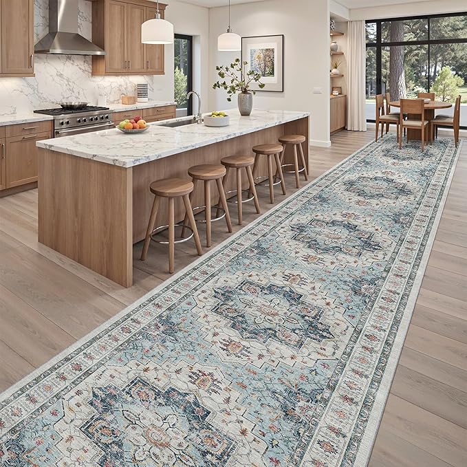 Madane Hallway Runner Rug 3x18 - Kitchen Rugs 18ft Washable Entryway Rug Vintage Kitchen Runners Non Slip Indoor Area Rug Farmhouse Carpet Runner for Bathroom Living Room Bedroom, Blue