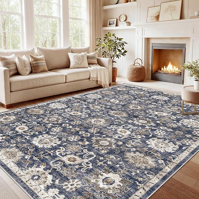 AMADA HOMEFURNISHING 8x10 Washable Area Rug, Low-Profile Large Area Rug with Non-Slip Backing & Durable Edge Binding, Vintage Large Rugs for Living Room, Bedroom, Dinning Room