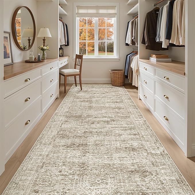 4x12 Wide Hallway Runners: Washable 12ft Runner Rug for Entryway Living Room Soft Vintage Non Slip Carpet Runner for Kitchen Dining Room Nursery Bedroom (Brown, 4x12ft)