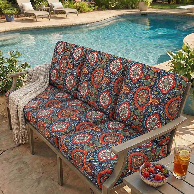 hyha Printed Couch Cushion Covers, Floral Sofa Covers Washable for 2 Cushion Couch, Stretch Pattern Outdoor Cushion Covers for Patio Furniture with Elastic Bottom(2 Packs, Mandala Floral)