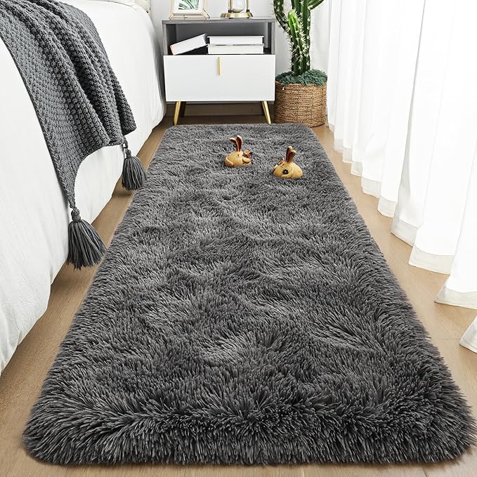 Tepook Fluffy Runner Rugs for Bedroom Aesthetic 2x6 Feet, Shag Soft Bedside Rug with Non-Slip Bottom, Fuzzy Plush Carpet for Room, Hallway Rug for Nursery Dorm Indoor Home Decor, Dark Grey