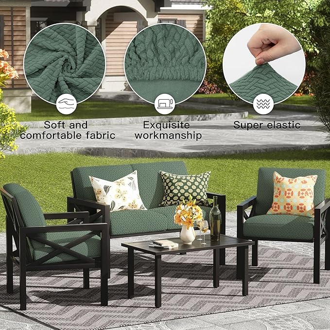 8Pcs Outdoor Cushion Covers, Patio Cushion Covers,Stretch Elastic Slipcovers, Replacement Washable Furniture Protector for Patio Couch,Thick Jacquard Textured Twill Fabric(Matcha Green,Cover Only)