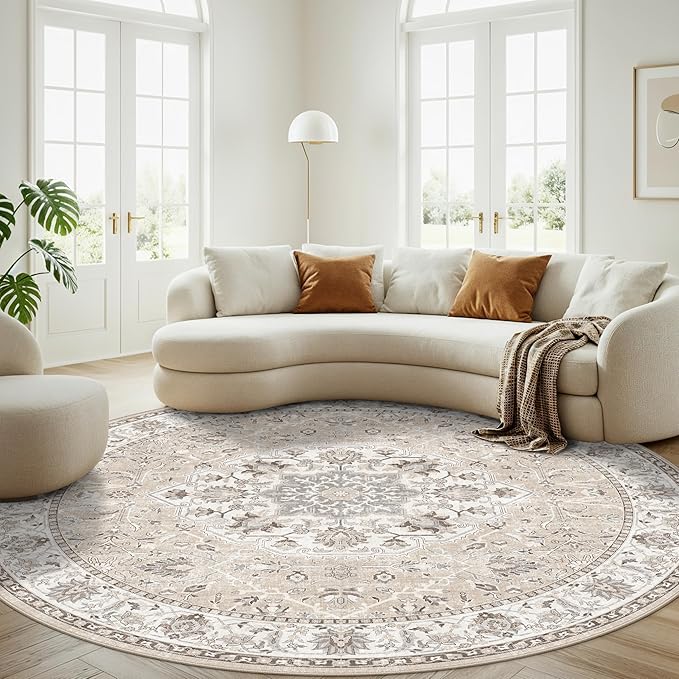Washable 8ft Round Area Rug - Living Room Oriental Non Slip Soft Rugs Indoor Low Pile Stain Resistant Carpet for Bedroom Dining Room Farmhouse Distressed Thin Home Decor Floor Mat(8Round,Beige)