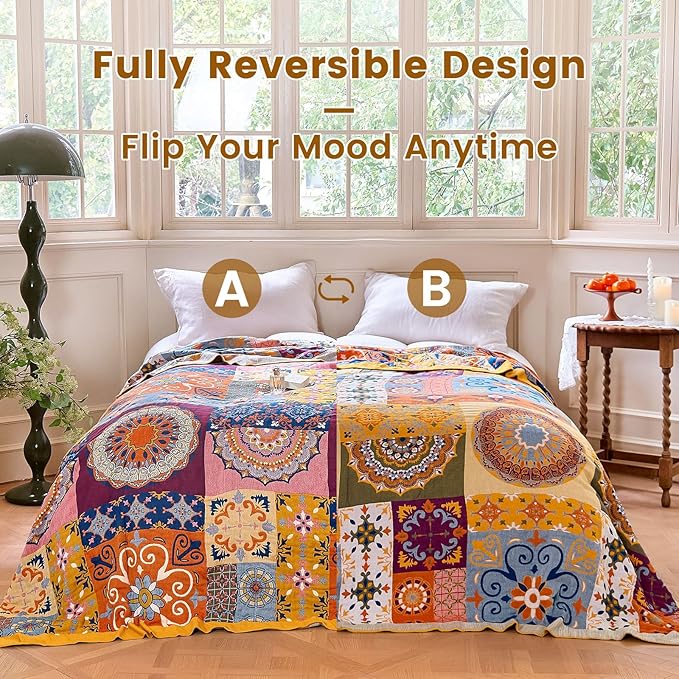 MSGKV Boho Throw Blanket for Bed 90"x108" 100% Cotton Blanket Spring Breathable Lightweight King Size Blankets Home Decor Muslin All Seasons