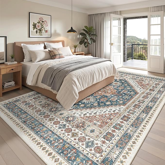 Madane Washable Rug 8x10 Area Rugs for Living Room, Ultra-Thin Non-Slip Backing Rug, Stain Resistant Vintage Large Area Rug for Bedroom (Navy Blue, 8'x10')