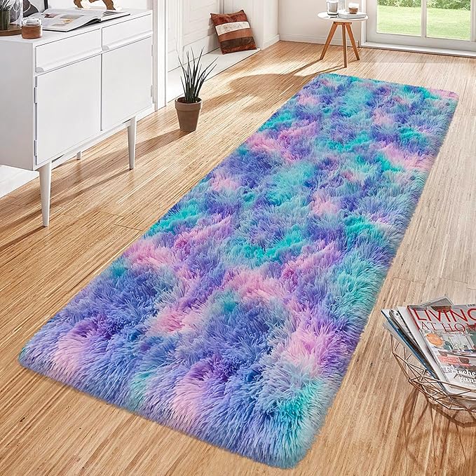 Super Soft Fluffy Living Room Area Rug 2x6 ft Purple Rainbow Tie-Dyed Shaggy Furry Carpet Washable Non-Slip Carpets Bedroom Bedside Nursery Rug Cute Colorful Room Decor for Girls