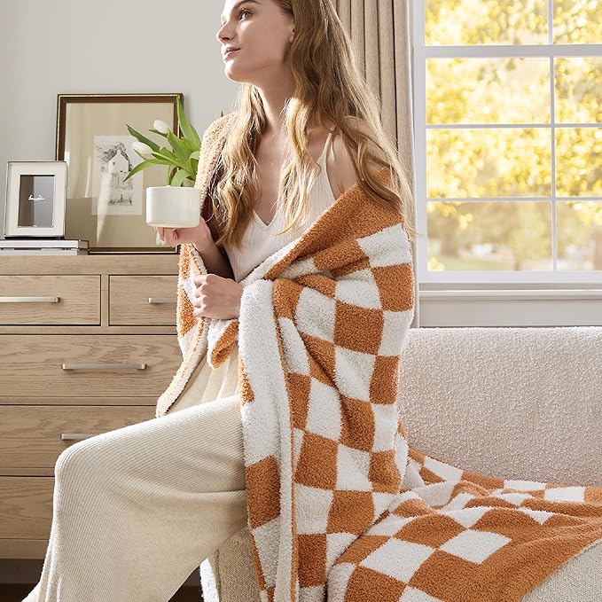 Bedsure GentleSoft Checkered Throw Blanket for Couch - Super Soft Cozy & Warm Knit Burnt Orange Blanket, Breathable, Lightweight & Fluffy Plaid Blankets for Bed, Sofa, Gifts for Women, 50x60 Inches