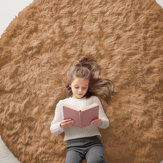 OLANLY Khaki Round Rugs for Bedroom - Machine Washable, 6 ft Circle Area Rugs for Living Room, Soft and Fluffy Shaggy Carpet for Teen Girl and Boys, Nursery Rooms, Dorms, Home Decor Aesthetic