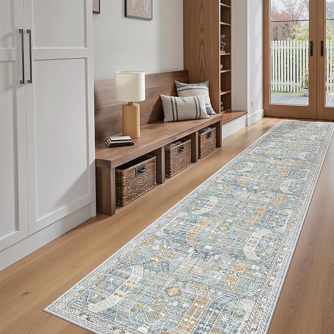 Madane Hallway Runner Rug 2x12, Extra Long Washable Runner Rugs with Rubber Backing, Non Slip Carpet Runner for Hallway, Vintage Rug Runners for Kitchen Laundry Room Entryway (Blue/Gold, 2'x12')