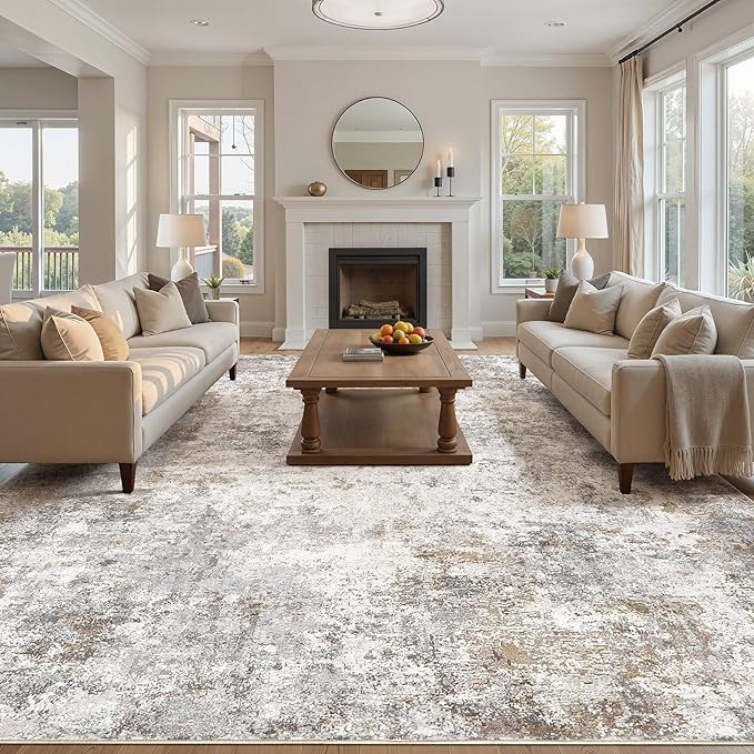 UERMEI 11x14 Area Rug Living Room Rugs - Washable Neutral Modern Abstract Soft Thin Large Rug Indoor Floor No Slip Rug Carpet for Bedroom Under Dining Table Home Office Decor - Brown Grey