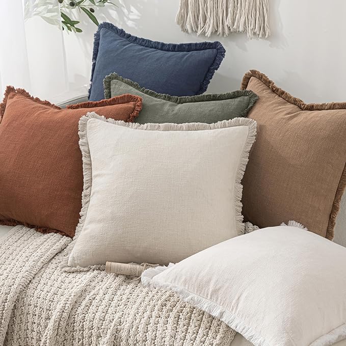 MIULEE Decorative Throw Pillow Covers Neutral Linen Fringe Throw Pillows Euro Shams Set of 2 Light Olive Green Boho Farmhouse Cushions for Couch Sofa Bed Living Room Spring Home Decor 24x24 Inch