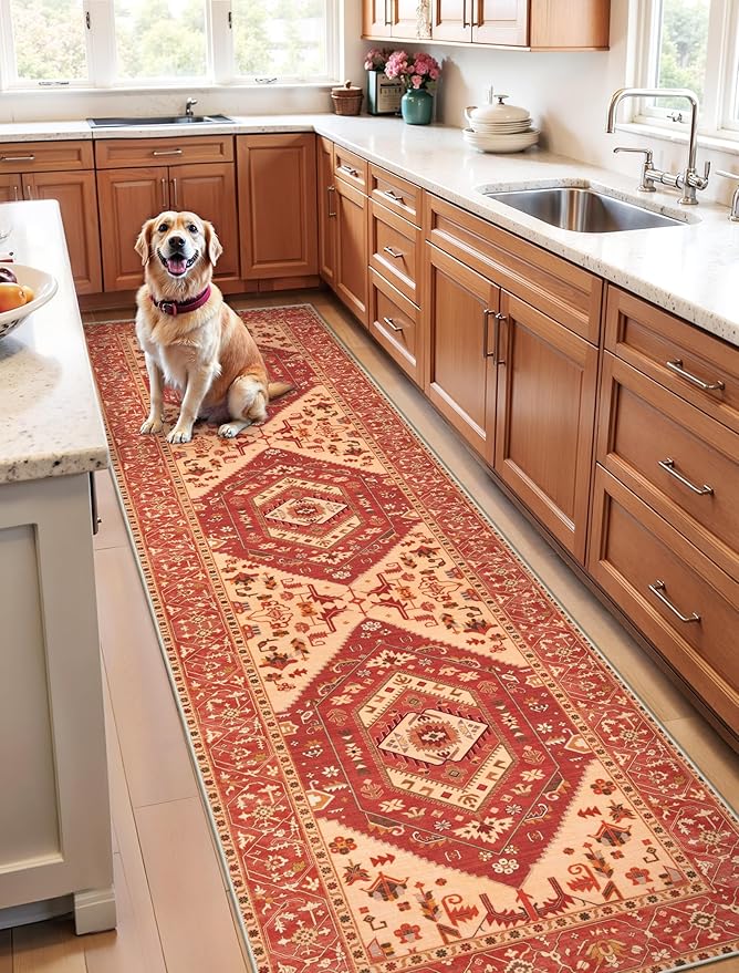 SERISSA Runner Rug for Hallways, 2'6"x10' Washable Non Slip Kitchen Runner Rug, Long Boho Rug Vintage Red Hallway Stair Ultra Soft Print Floor Carpet for Bedroom Bathroom Laundry Room