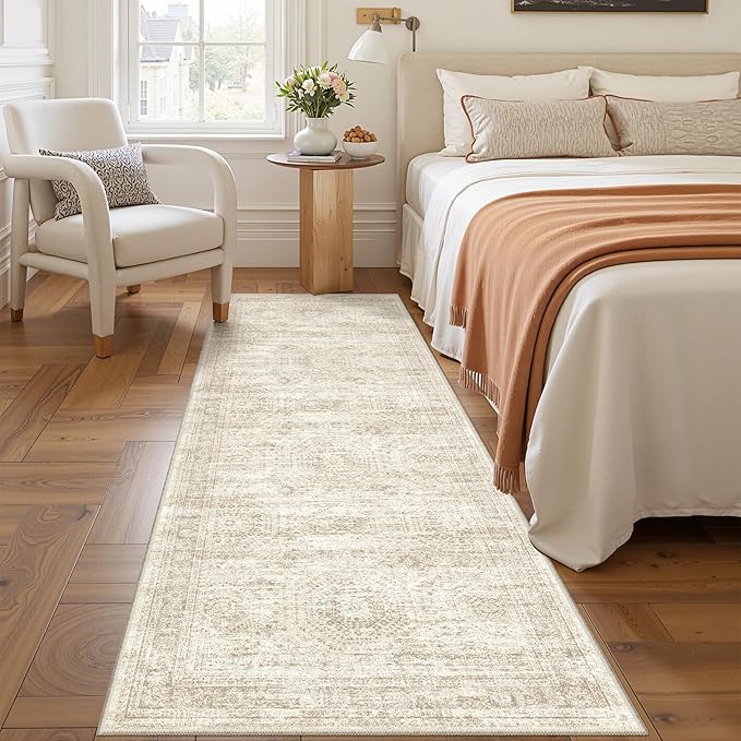 Kitchen Runner Rug Non Slip - 2.5 x 8 Runners for Hallways, Entryway, Bedroom, Washable Runner Rugs for Bathroom, Laundry Room, Low Pile Soft Vintage Area Rug(2.5'x8', Beige/Ivory)