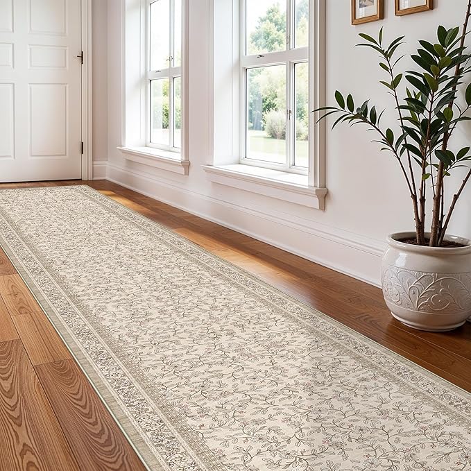 TOPRUUG 2x12 Washable Runner Rug - 12ft Runners for Hallway Non Slip Kitchen Rugs Soft Low Pile Carpet for Bedroom Bathroom Entryway - Stain Resistant Vintage Home Decor (Floral/Beige, 2X12)