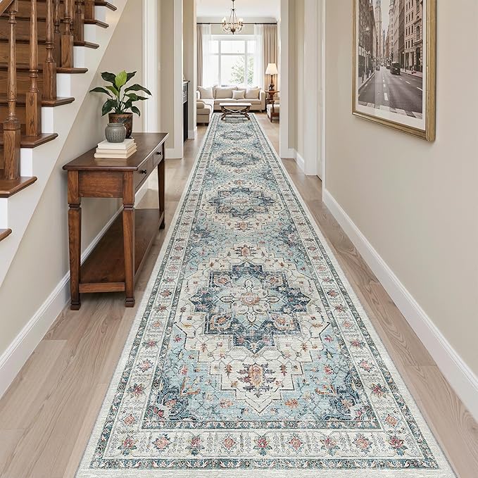 Madane Hallway Runner Rug 3x18 - Kitchen Rugs 18ft Washable Entryway Rug Vintage Kitchen Runners Non Slip Indoor Area Rug Farmhouse Carpet Runner for Bathroom Living Room Bedroom, Blue