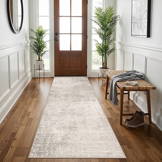 3x7 Washable Hallway Runner Rug: Abstract Stain Resistant Kitchen Rug Farmhouse Ultra Soft Bathroom Bedroom Entryway Printed Floor Mat Thin Non-Slip Carpet for Living Room Laudry(3x7,Beige/Cream)