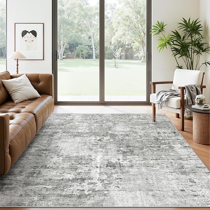 6x9 Abstract Area Rugs for Living Room 6 x 9 Washable Non Slip Low Pile Gray Rugs for Bedroom Dining Room Foldable Thin Gray White