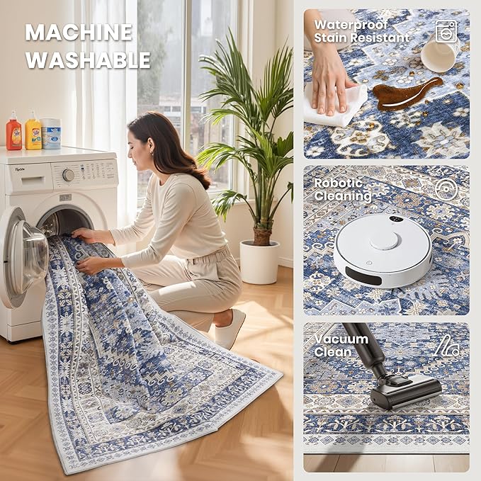 zesthome 10x14 Area Rugs,Stain Resistant Washable Rug,Ultra-Thin Rugs for Living Room,Bedroom,Non-Slip Backing Home Decor Large Area Rug (Blue/Beige,10'x14')