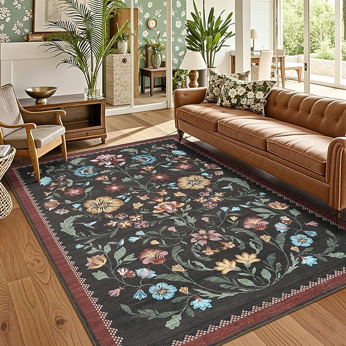 GarveeHome Washable Rug 5x7 Area Rugs for Living Room, Floral Rug for Bedroom, Soft Boho Non Slip Throw Rugs with Rubber Back, Low Pile Stain Resistant Vintage Floral Carpet for Dining Room, Red