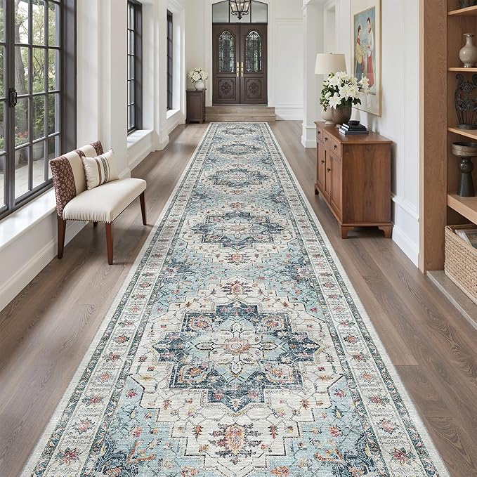 Madane Hallway Runner Rug 3x18 - Kitchen Rugs 18ft Washable Entryway Rug Vintage Kitchen Runners Non Slip Indoor Area Rug Farmhouse Carpet Runner for Bathroom Living Room Bedroom, Blue