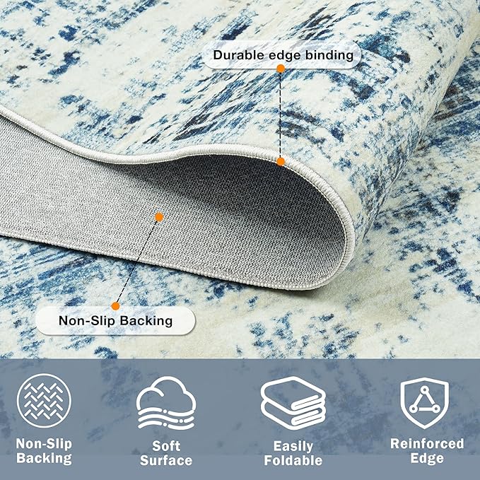 9x12 Area Rugs for Living Room Washable Rug: Anti-Skid Abstract Modern Living Room Rug Soft Thin Carpets Indoor Floor Non-Shedding Carpet for Bedroom Dining Farmhouse Nursery Blue Gray Gold