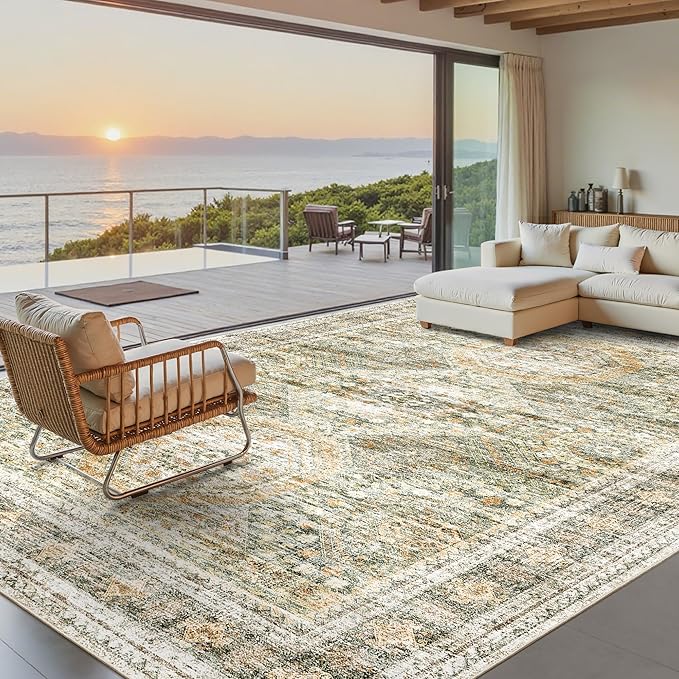 Soalmost Washable Area Rug 8x10, Large Soft Rugs for Living Room Vintage 8x10 Area Rugs for Bedroom Dining Room Non-Slip Stain Resistant Under Table Green Orange Rug