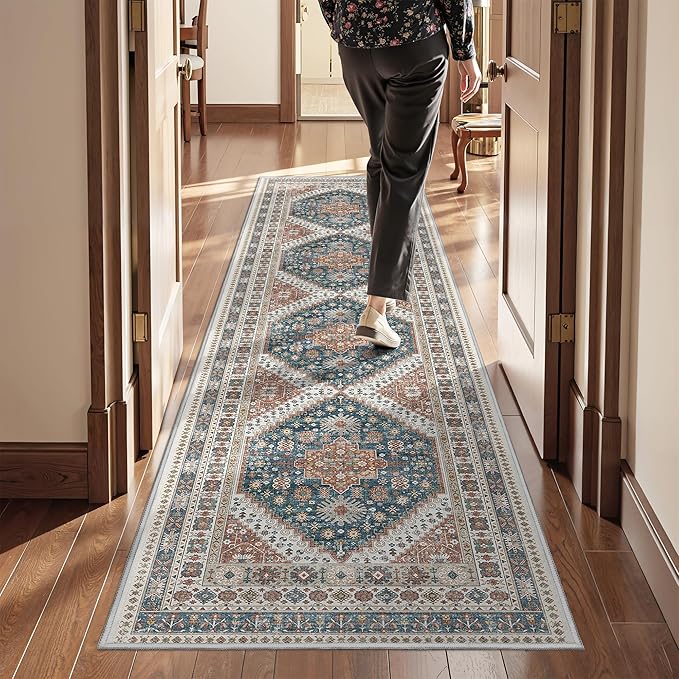 Runner Rug 2x8 Runners for Hallways Non Slip Washable, Vintage Hallway Runner Rugs for Living Room, Low Pile Soft Hallway Rug for Kitchen Bedroom Laundry Room Rug(Blue/Red,2'x8')