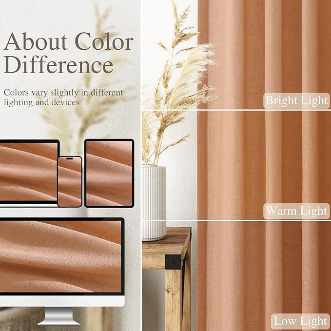 Peach Quartz Linen Curtains 96 Inch Length 2 Panel Set Back Tab Rod Pocket Textured Light Filtering Semi Sheer Boho Aesthetic Burlap Look Drapes for Bedroom and Living Room Decoration 8Ft 52x96 Inch