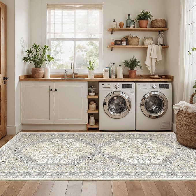 3x8 Runner Rug Non Slip Washable for Entryway, Front Porch, Vintage Hallway Runner for Laundry Room, Bedroom, Stain Resistant Thin Indoor Kitchen Mats for Floor(Beige,3'x8')