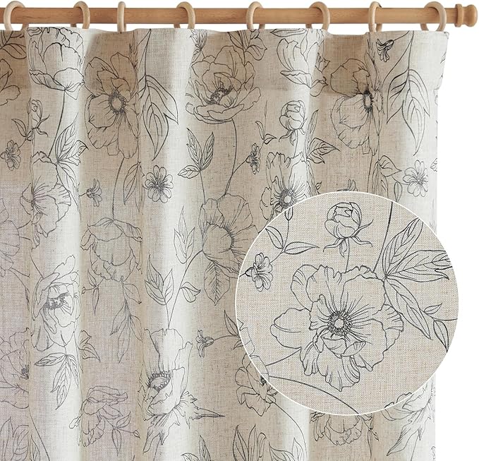 jinchan Linen Floral Curtains for Living Room 84 Inch Length Grey Flower Curtain Rod Pocket Back Tab Farmhouse Curtains with Printed Floral Bedroom Window Curtain Set, 2 Panels Gray